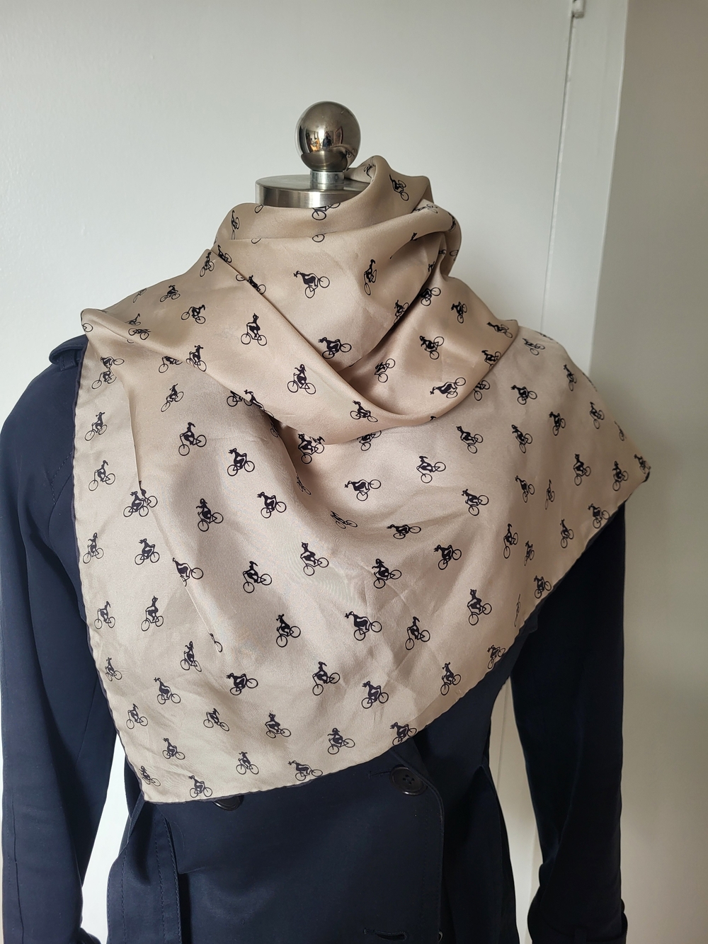 Club Monaco 100% Square Silk Off White / Champagne & Navy Bicycle Print Scarf